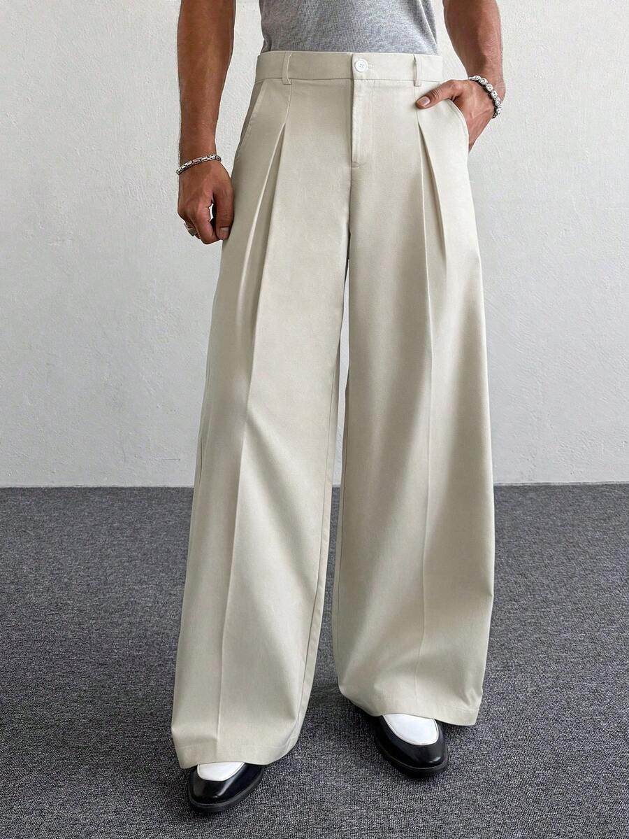 PAVTROS Men's White Wide Leg Pants, Loose Fit, Fashion Versatile Trousers Wide Leg - Beige - View 1