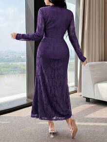 Feyla New Lace Waist Ruffle Floral Cinched Waist Elegant High-End Party Dress - Purple - View 6