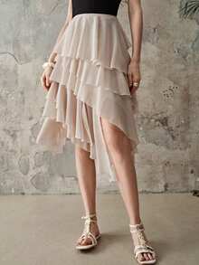 Frievida European And American Style Spring/Summer New Fashionable Versatile Multi-Layer Splicing Solid Color Chiffon Elastic Waist Midi Skirt - Beige - View 4