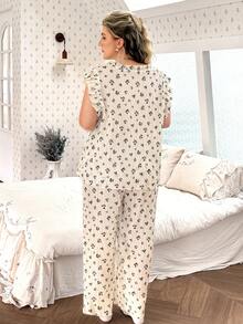 CottageSlumber Plus Size Ditsy Floral Ruffle Trim Round Neck Drawstring Tassel Decor Woven Pajama Set - Beige - View 2
