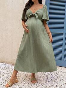 SHEIN Maternity Knotted Ruffle Sleeve Nursing Dress, Solid Color Textured Fabric, Beach/Vacation Style, Summer - Green - View 6