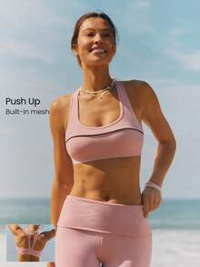 GLOWMODE FeatherFit™-Sculpt GlowLift Push-Up Keyhole Back Side Mesh Contrast Trim Sports Bra With Removable Cups Running Workout Gym - Rusty Rose - View 1