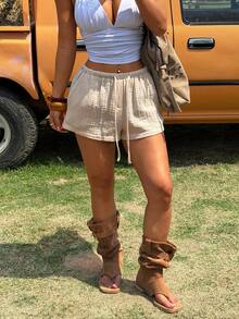 Muchica Quần short nữ dệt màu be - Màu Khaki - Xem 4