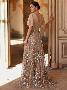 Aureia Elegant Luxurious Beige Spring Wedding Dress,Gold & Silver Embroidered Ruffle Sleeve,Bridal Mother Of The Bride Formal Occasions Party Holiday Dress - Multicolor - View 3