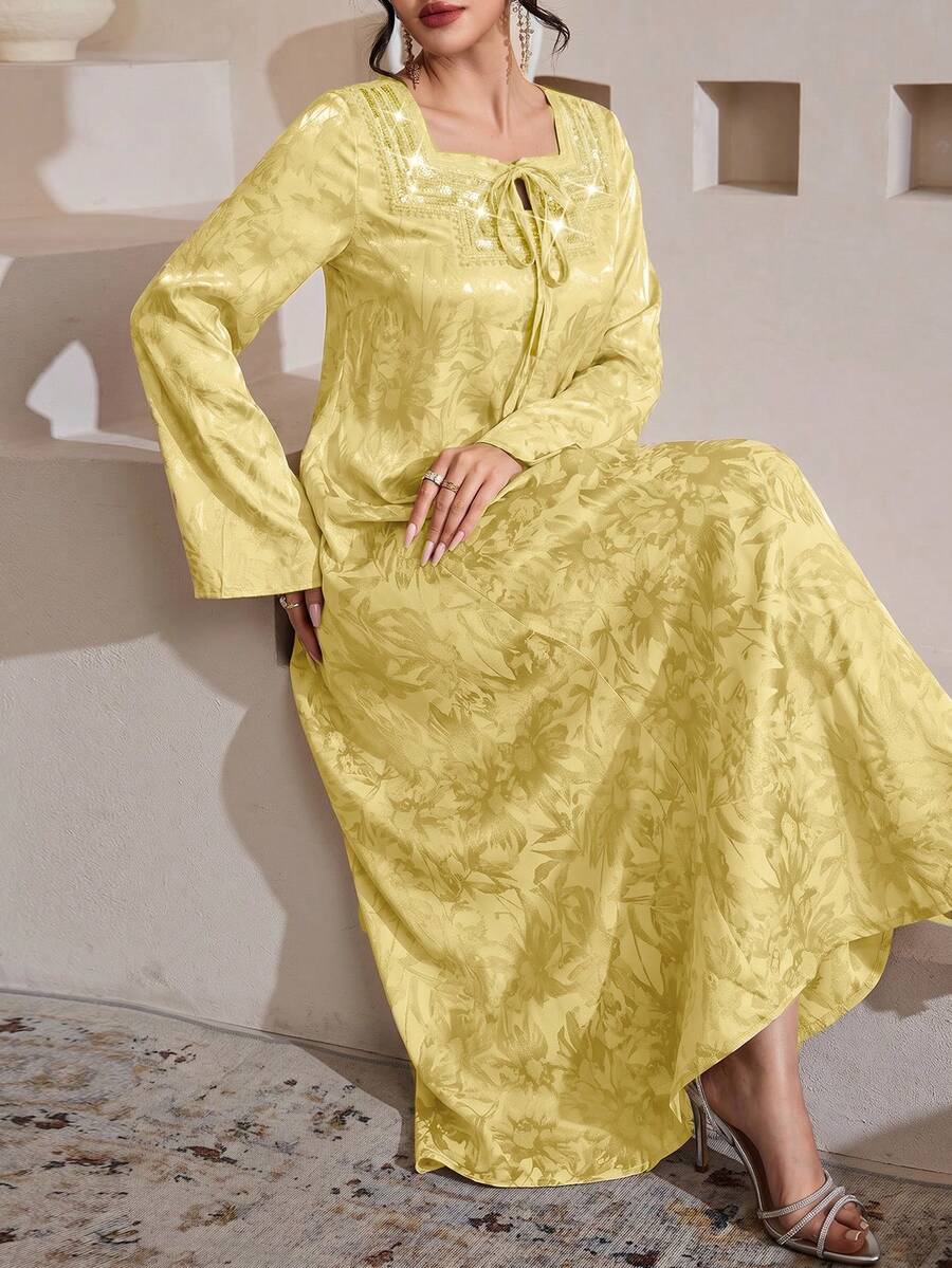 Al Najma 酒红色奢华提花立领串珠长袖喇叭连衣裙,春夏款 - 黃色 - 查看 1