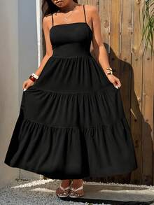 Sunnyshic Plus Size Fashionable Versatile Casual Vacation Textured Strapless Backless Dress, Spring/Summer - Black - View 3