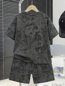 Tween Boy 2 Piece Set,Black Summer Casual Vacation Outfits,Short Sleeve T-Shirt And Shorts,Minimalist Printed Tie Dye Streetwear,Cozy Grey Holiday - White - View 3