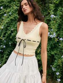 SHEIN Revavyn Áo dệt kim không tay thắt nơ phía trước thanh lịch dành cho nữ - trắng - Xem 1