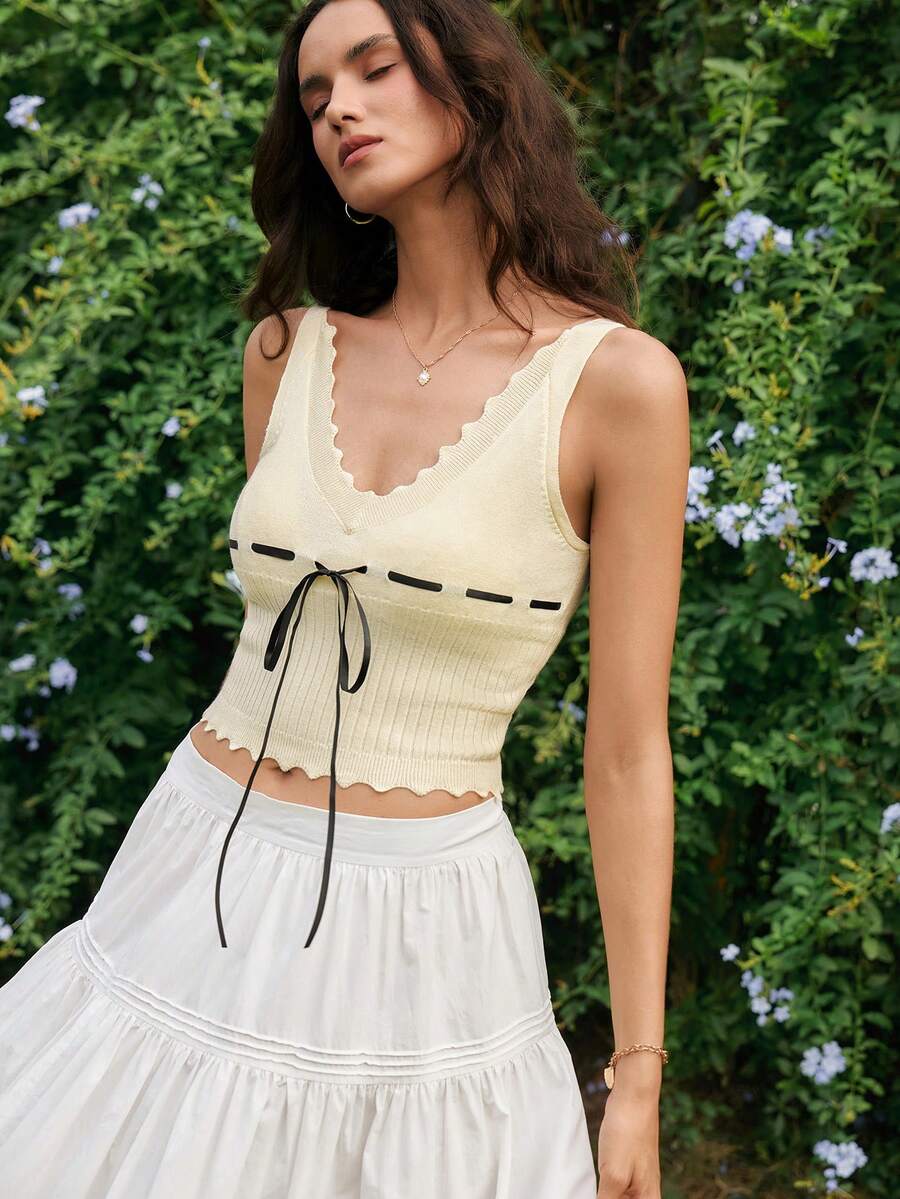 SHEIN Revavyn Áo dệt kim không tay thắt nơ phía trước thanh lịch dành cho nữ - trắng - Xem 1