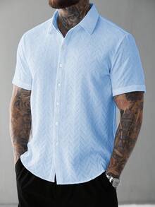 SLATEMANN Plain Front Button Short Sleeve Casual Shirt For Summer - Blue - View 5