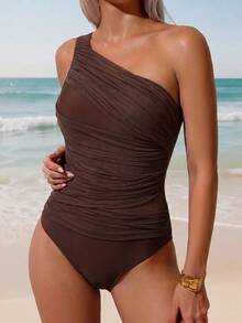 SHEIN Swim Đồ bơi liền thân xếp ly không tay màu trơn cho nữ mùa hè - màu nâu - Xem 5