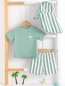 SHEIN 3pcs/Set Baby Boy/Girl Striped Pattern Swimsuit Set With Swim Cap,Sage Green Summer Casual Vacation Holiday Cute Comfortable Beach Hot Spring Surfing - Green - View 7