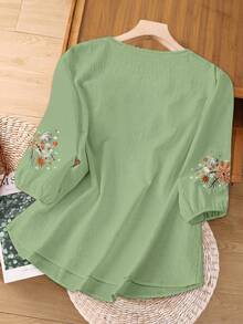 SHEIN LUNE CURVE Áo sơ mi nữ cỡ lớn thêu họa tiết kiểu dáng thường ngày - màu xanh lá - Xem 2