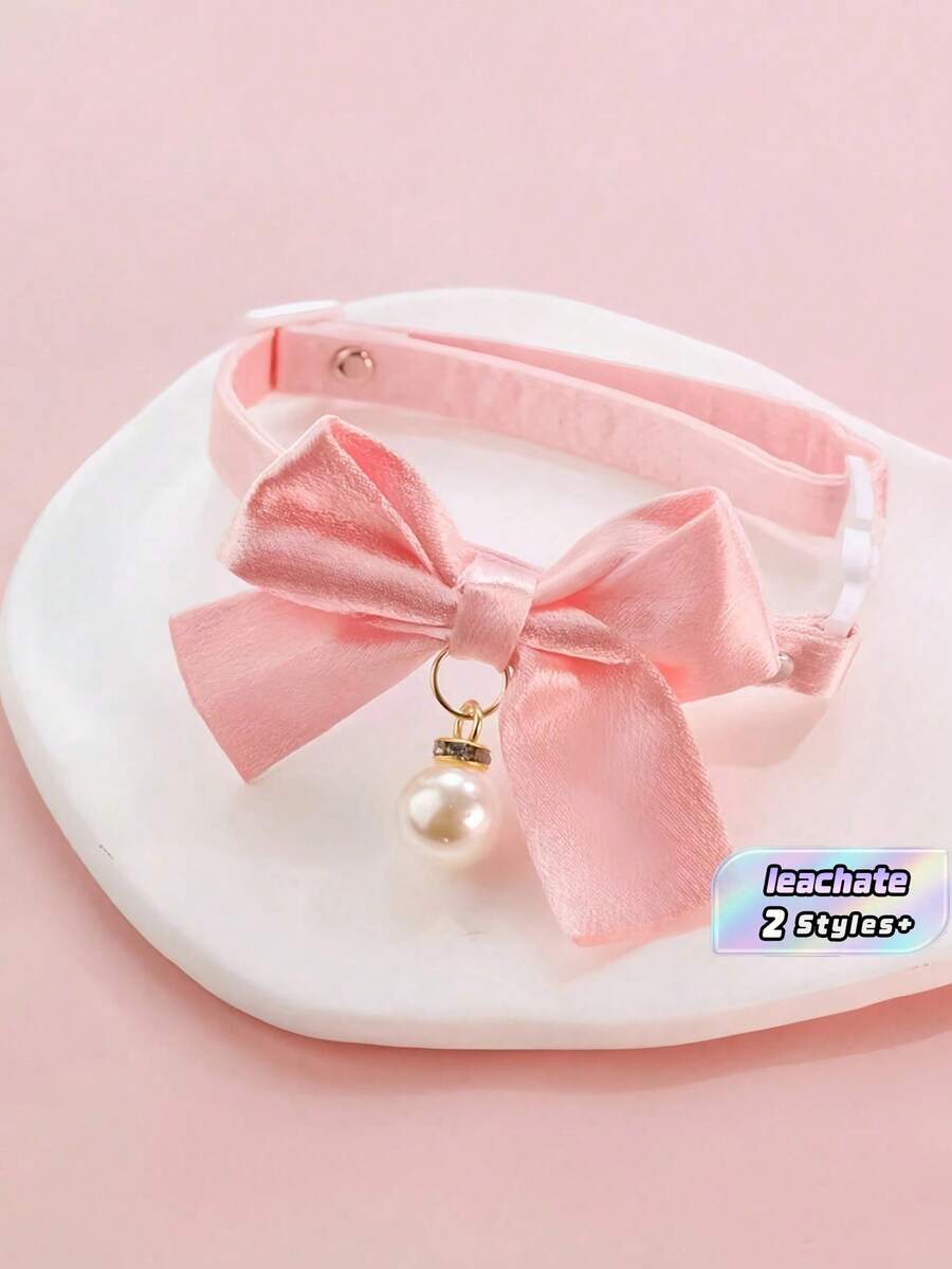 Pink Floral Breakaway Cat Collar With Bow & Pearls - Adjustable Kitten Collar, Lace Aesthetic Bowtie For Girl Cats, Cute Valentine's Gift For Female Kittens - Pink - View 1