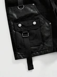 ROMWE MEN Pantalones cortos de mezclilla cargo de piel sintética con parches casuales para hombres - Negro - Ver 2
