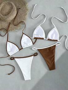 Swim Chiccia Women's Spring Summer Beach Party Music Festival Necklace-Back Sexy Fashion Elegant Bikini 4-Piece Set Brown All White - Multicolor - View 2
