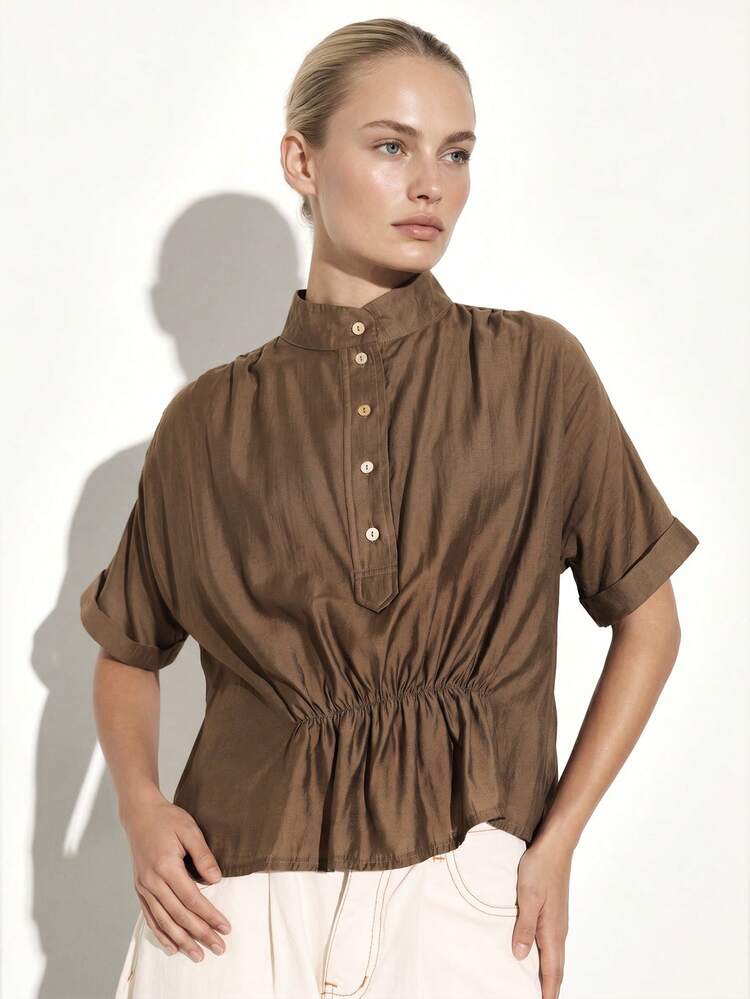 KSTM Women's Short Sleeve Gathered Waist Blouse With Button Front And Rolled Sleeves For Casual Office Wear