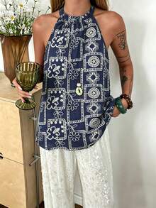 Livesso Top de tirantes finos casual con bordado floral de estilo ditsy texturizado en azul, adecuado para festivales de música, San Valentín, bodas, vacaciones, playa - Azul - Ver 2