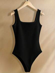Resyla Women's Minimalist Solid Color Square Neck Bodysuit, Versatile For Summer - Coffee Brown - View 4