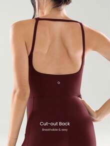GLOWMODE 24" FeatherFit™-Air Feel Good Moves Buttery-Soft Stretchy Sweat-Wicking Removable Cups Side Pockets Open-Back Bodysuit Low Impact Yoga Pilates Gym Studio Daily Casual Wear - Burgundy - View 4