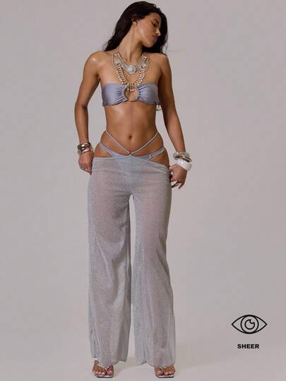Musera Resort Pantalones anchos con cintura anudada y detalles de lentejuelas para playa, primavera, verano, resort, vacaciones, playa, elegante, Ibiza, festival, vacaciones, negro, agua