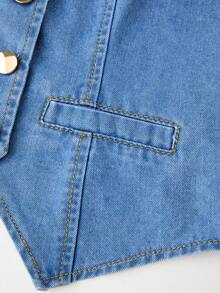 GlowEve Set Denim Kasual Wanita Model Rompi dan Rok Berkerah V Kancing Tunggal - Biru - View 7