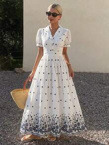 Women's Summer Vacation Floral Embroidery Waist Cinched Short Sleeve Dress - White - View 5