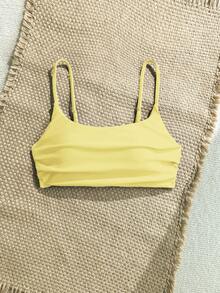 SHEIN Swim 女款淡黃色細肩帶比基尼上衣，適合夏季海灘度假，保守素色設計 - 黃色 - 查看 6