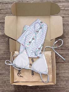 Bộ bikini cổ yếm họa tiết hoa dâu tây, quần cạp cao, đồ bơi nữ thích hợp cho bãi biển, khu nghỉ dưỡng, spa. - Nhiều màu - Xem 2