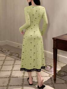 DAZY Bow Print Contrast Color Lace Patchwork Waist Maxi Nightgown For Women - Green - View 2