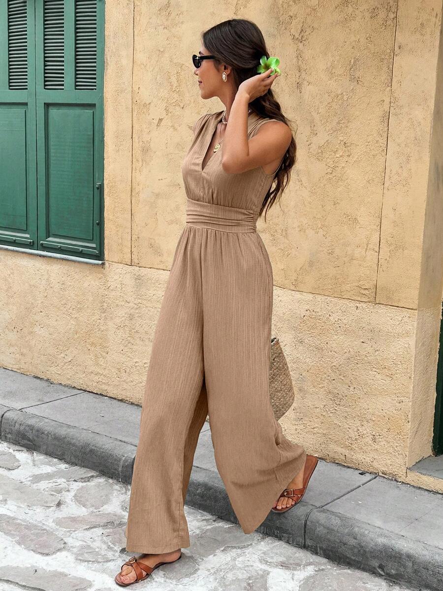 Serisse Women's Solid Color V-Neck Pleated Sleeveless Jumpsuit, Casual Summer - Khaki - View 1