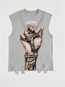 Street Life 2000s Style Casual Palm Print Sleeveless Crew Neck Top With Tassel Hem, Summer - Grey - View 1