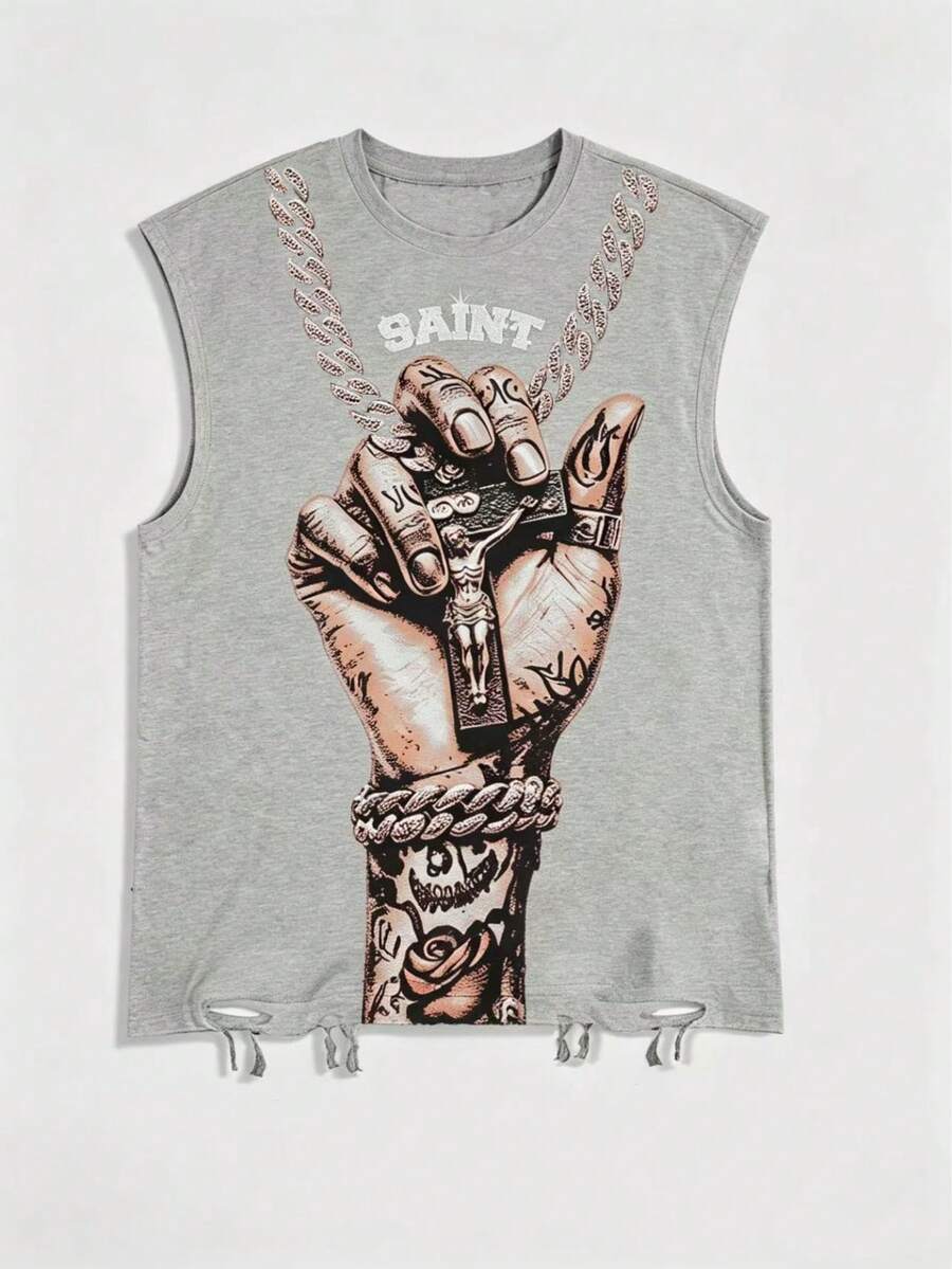 Street Life 2000s Style Casual Palm Print Sleeveless Crew Neck Top With Tassel Hem, Summer - Grey - View 1