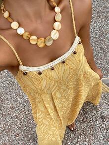 Livesso Đầm midi dáng suông, dây đeo, họa tiết hình học, đính cườm, phối màu boho, thích hợp cho kỳ nghỉ xuân hè và đi làm, dành cho nữ. - Màu vàng - Xem 6