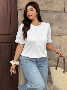 Vionelle Camiseta casual de manga corta con cuello redondo y bordado para tallas grandes - Blanco - Ver 3