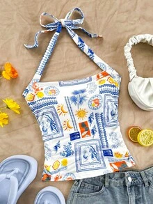 SHEIN 青少年女孩度假針織粉色扶桑花印花掛脖收腰修身時尚背心 春/夏派對驚喜盒 [隨機4套，發送1套] - 白色 - 查看 6