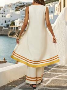 Balvessa Bộ đồ nữ mùa hè năng động, thoải mái, đi biển: Áo tank top cổ tròn in sọc, vạt bất đối xứng + quần ống rộng dáng suông. - Màu be - Xem 2