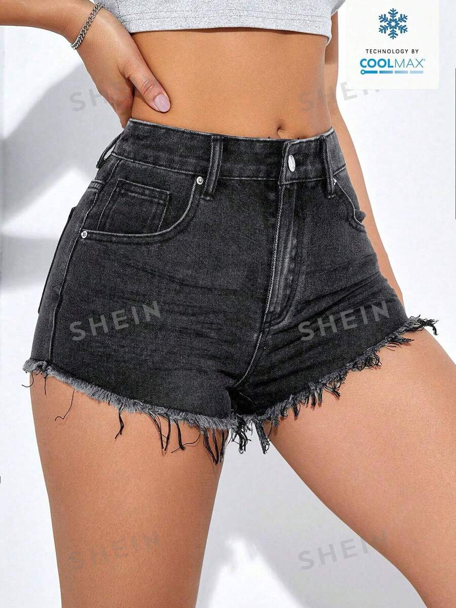 SHEIN EZwear Quần short denim nữ kiểu dáng thường ngày, có túi và gấu quần rách, đa năng cho trang phục hàng ngày. - Xám - Xem 1