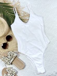 SHEIN Swim 1 件女式纯色露背系带连体泳衣，休闲度假夏季 - 白色 - 查看 4