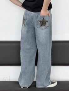 Dazy Kids Straight Leg Loose Fit Jeans With Five-Pointed Star Pocket Decor For Tween Boys - Light Wash - View 4