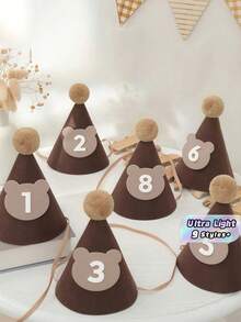 SHEIN 1 件 17cm * 12cm 可爱棕熊形状无纺布生日帽，派对帽装饰，发夹发饰，生日礼物，适合 1-9 岁 - 棕色 - 查看 1
