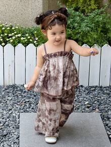 DAZY Bộ đồ đôi in họa tiết thường ngày cho bé gái, gồm áo hai dây và quần ống rộng, thích hợp cho kỳ nghỉ. - Cà phê nâu - Xem 3