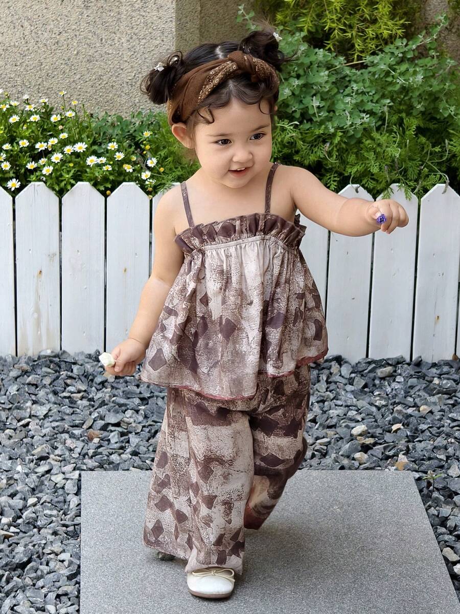 DAZY Toddler Girls' Casual Vacation Allover Print Camisole And Loose Pants 2 Pieces Set - Coffee Brown - View 1