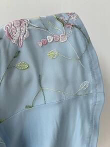 Elamini 黄色撞色荷叶边拼接心形领口收腰短袖女式连衣裙，春夏款，优雅浪漫复古可爱休闲百搭 - 藍色 - 查看 8