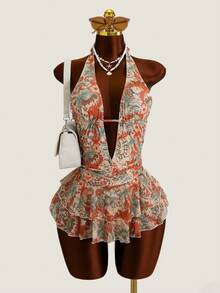 SHEIN Swim 新款波西米亚风印花露背吊带高级性感深V露背女士连体泳衣，适合春夏穿着，时尚百搭，是夏季海滩度假的完美之选。 - 橘色 - 查看 6
