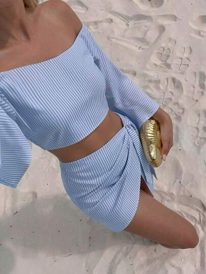 Swim Vcay 2026 New Model Single Piece Plain Color Long Sleeve Slanted Collar Elegant Vacation Style Women's Swimwear Beach Two Pieces Set