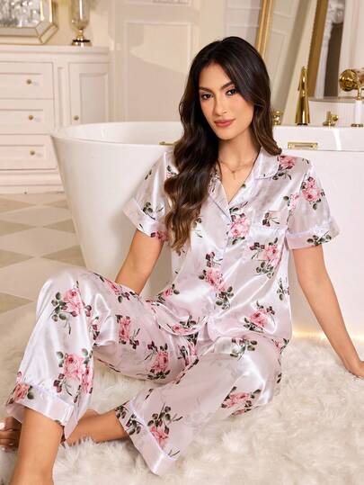 LuxeNights Women's Elegant Floral Print Lapel Short Sleeve Pajama Set With Pants, Faux Silk