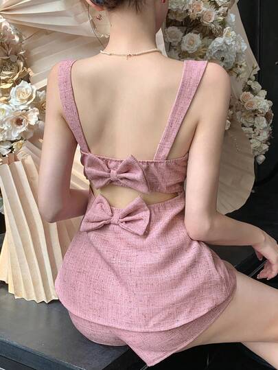 Joudiya Bộ áo hai dây và quần short hở lưng trang nhã dành cho nữ, thích hợp cho mùa hè, có nơ trang trí.
