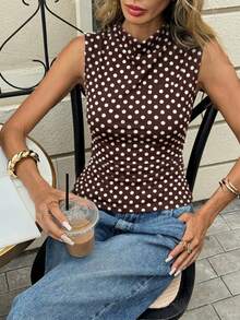 Siren Gaze 棕色底白色波点印花图案女式休闲背心，适合春夏、夏季、度假、通勤、约会、聚会、秋冬、圣诞节、新年、感恩节、派对、婚礼、海滩、毕业典礼等场合，时尚、优雅、休闲、外出、约会、预订、通勤、闪亮、情人节、优雅、度假、休闲、Y2K、外出、毕业典礼等场合。 - 彩色 - 查看 3