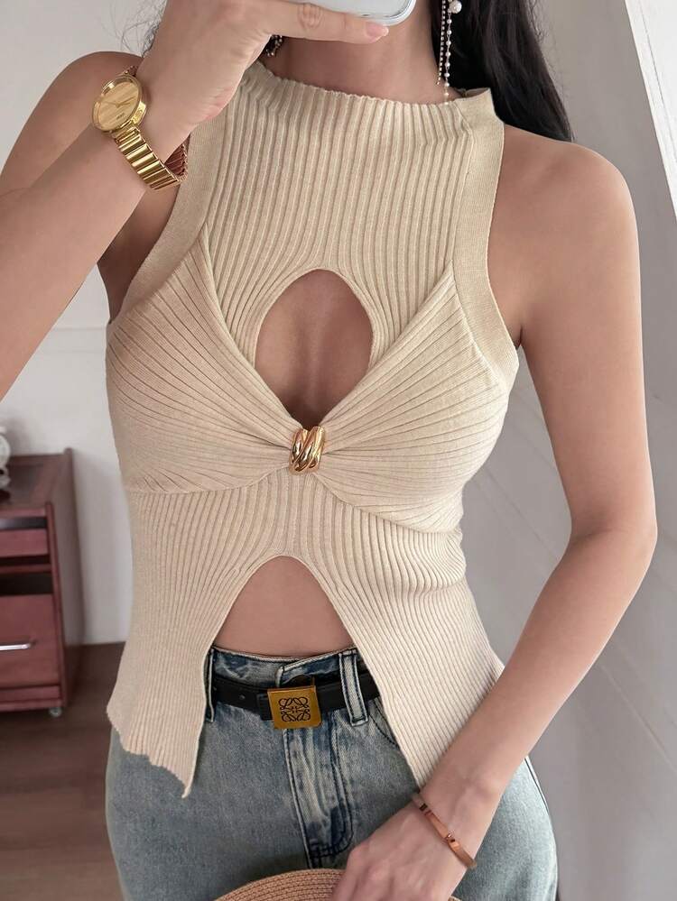 Women's Round Neck Sleeveless Hollow Out Twist Button Decor Vacation Style Sexy Knit Top Summer